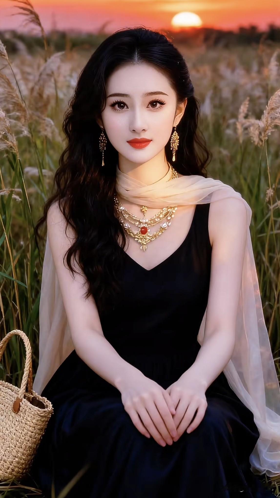 日落时分，黑裙美人静坐花海，耳畔金饰闪耀，手提包旁，唯美如画。黑裙气质女神 黑裙