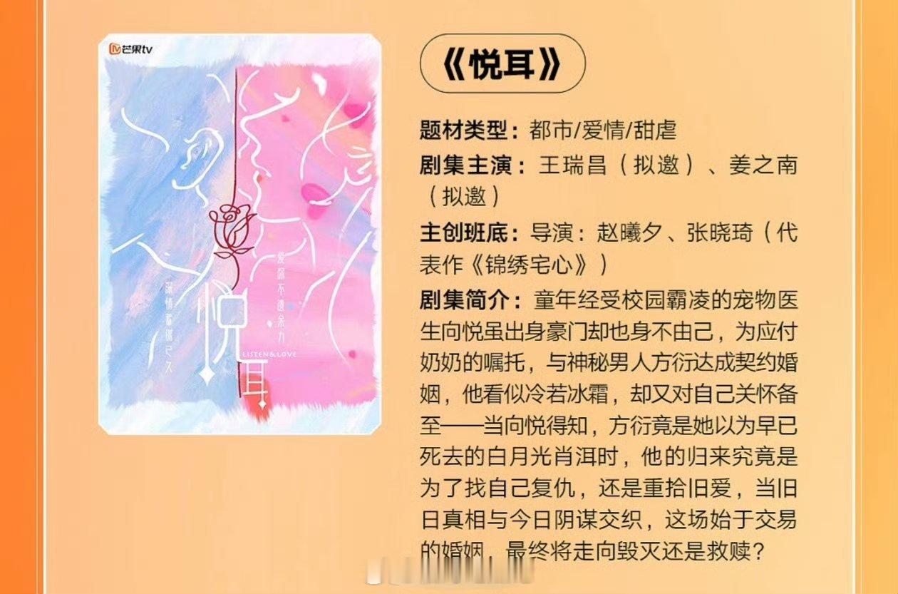 芒果TV都市剧《悦耳》主演：王瑞昌、姜之南（拟邀）简介：童年经受校园霸凌的宠物医