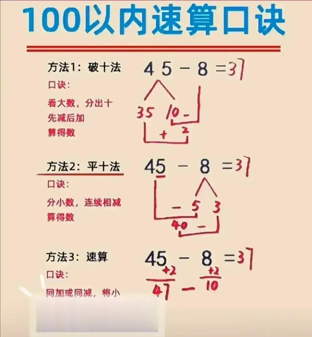 真的是太全了，替孩子收藏吧！没有比这更全的速算技巧了，什么20以内退位减法口诀，