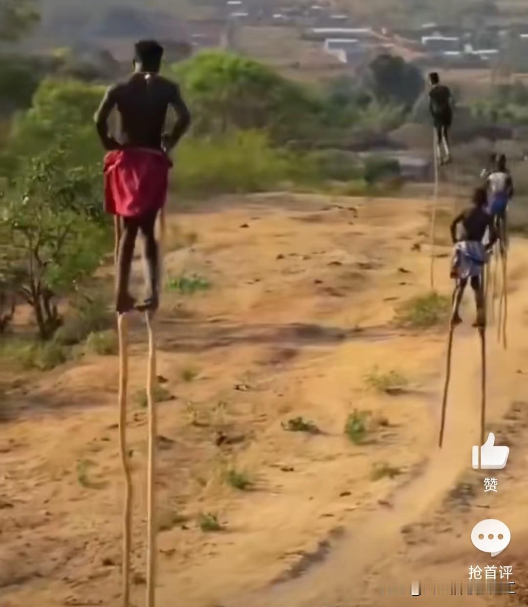 埃塞俄比亚奥莫山谷的巴纳部落，他们使用长棍类似于中国的高跷行走，以便避开蛇和爬行