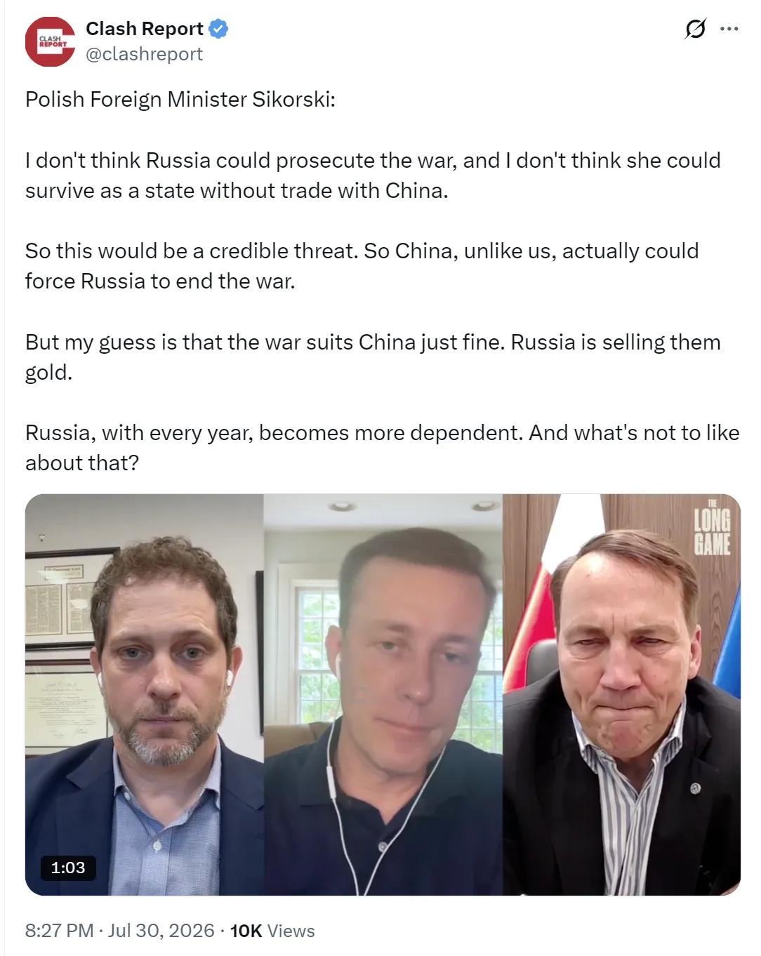 波兰外长西科尔斯基昨晚（7月30日）声称：“如果没有与中国的贸易，我认为俄罗斯既