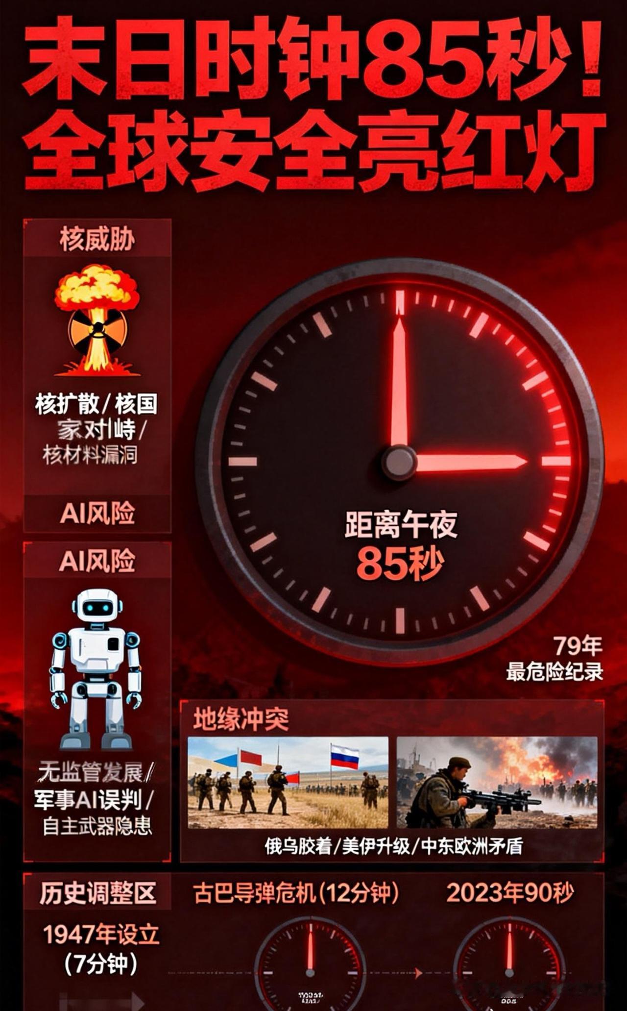 末日时钟85秒！
核威胁+AI风险+地缘冲突，全球安全亮红灯
 
全球安全拉响最