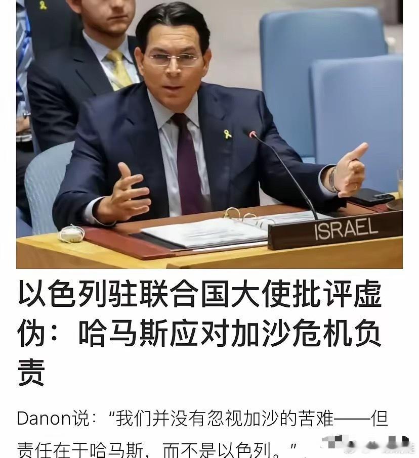 批评哈马斯以色列驻联合国大使说很多国家虚伪，明知道加沙战争的起因是哈马斯袭击和绑