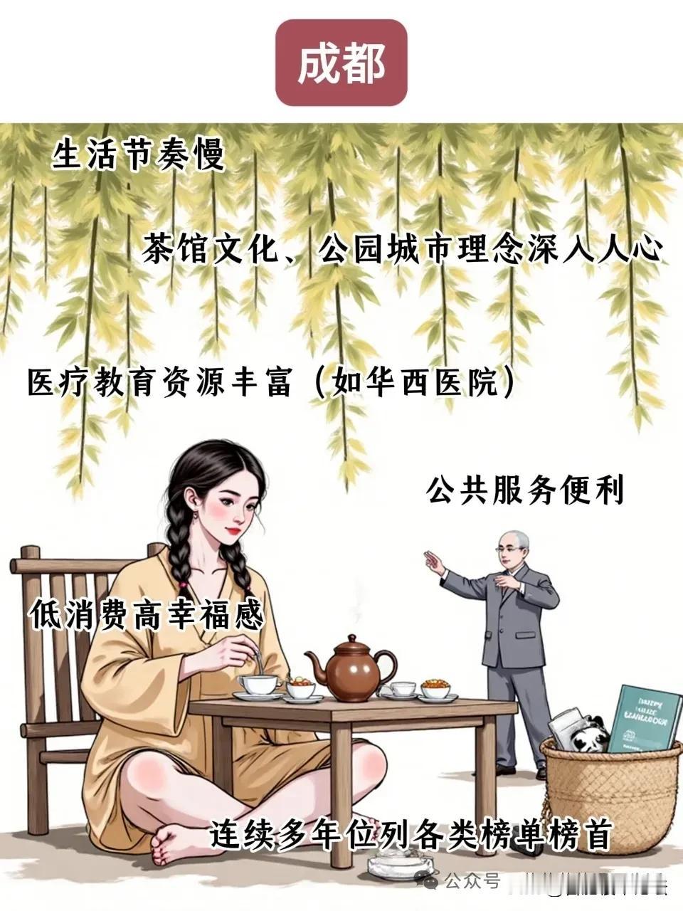 国内被公认的五个幸福感强的城市。
成都以生活节奏慢，低消费为特点；
杭州以互联网