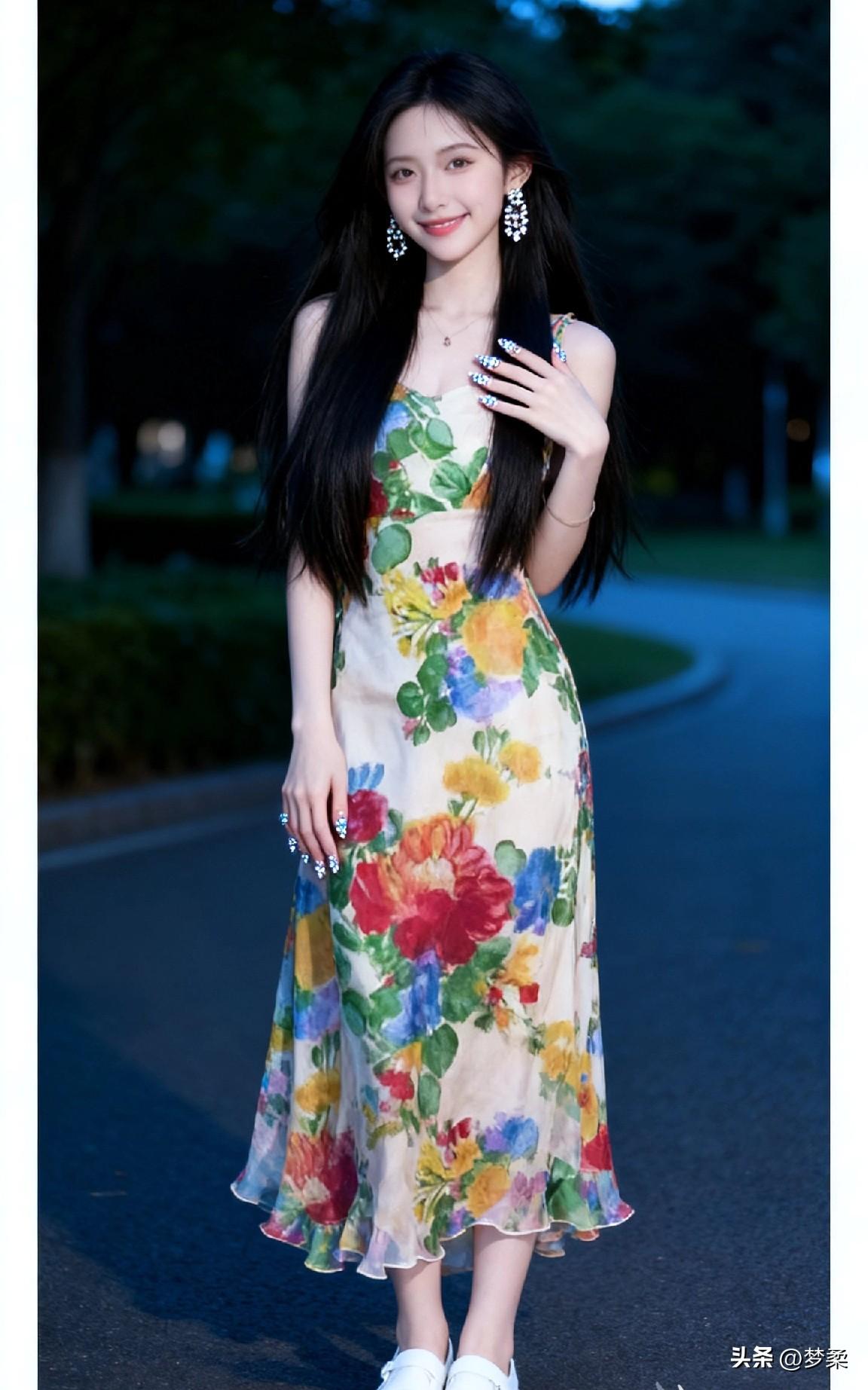 有哪些女生日常好看的穿搭可以借鉴轻薄印花红色大摆裙，简约凉拖搭配，温柔大气日常穿