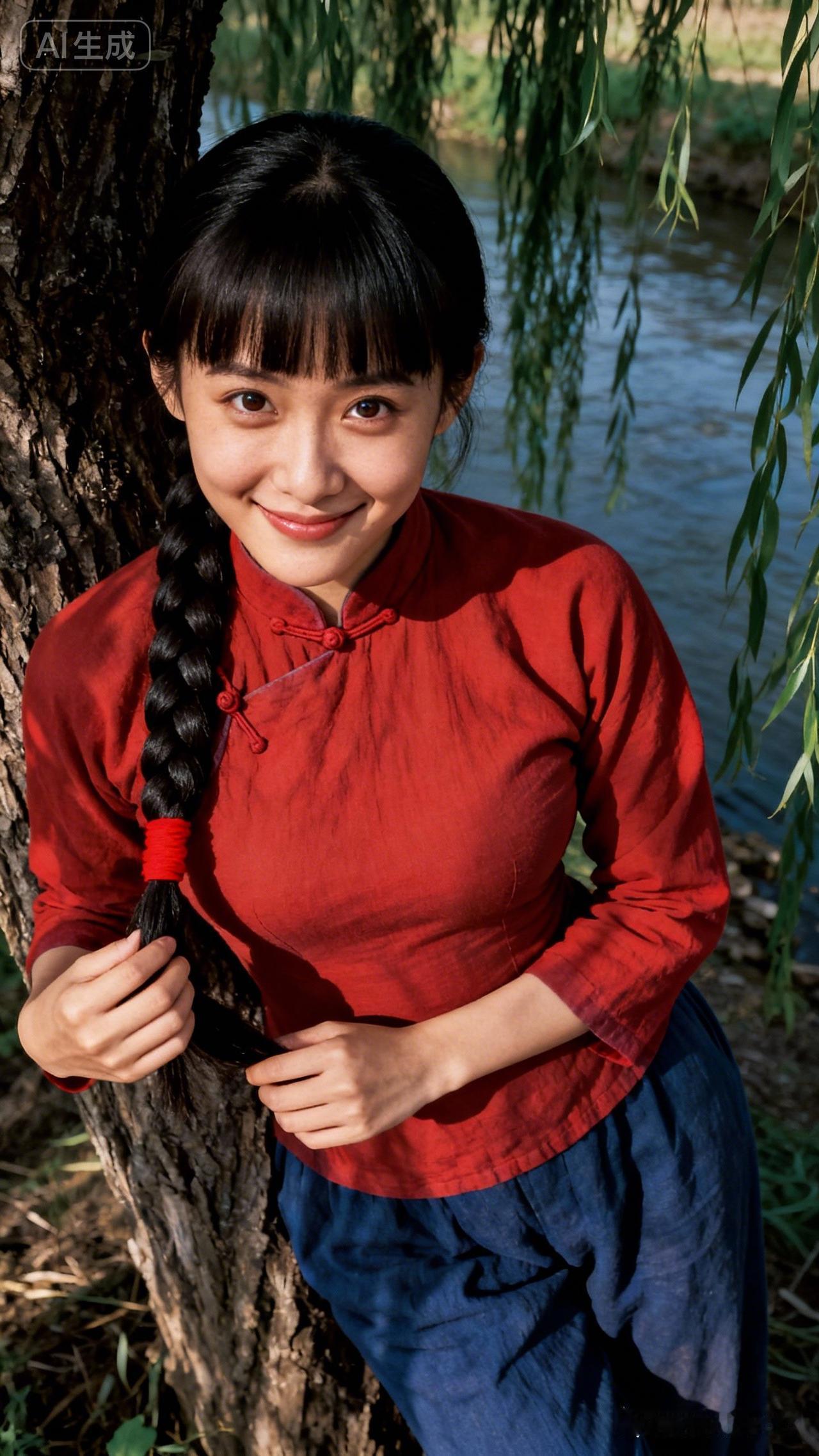 红衣少女倚树笑，绿柳垂荫水潺潺。