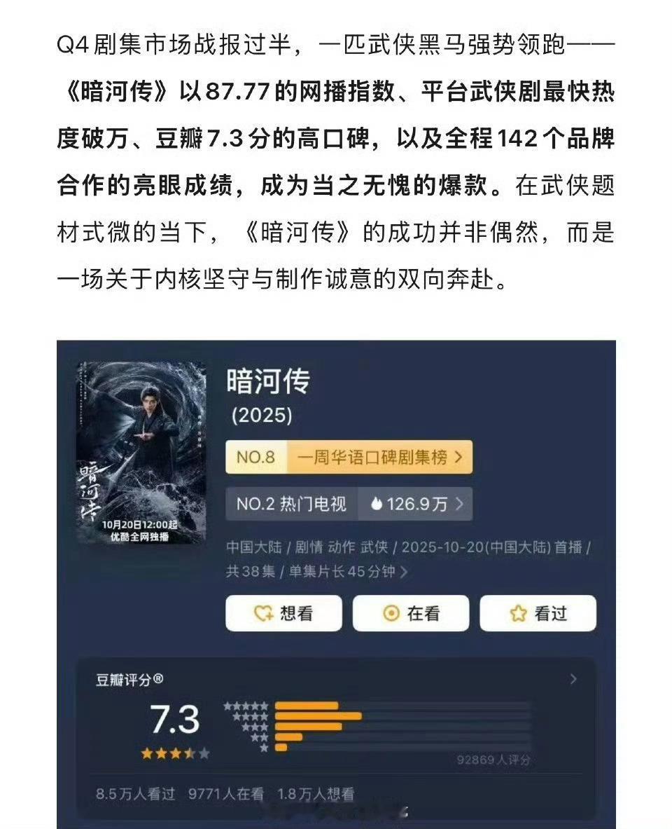 V榜认证龚俊暗河传Q4剧集爆款，不错，