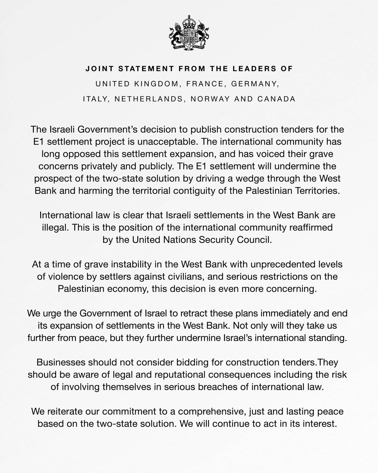 英国、法国、德国、意大利、荷兰、挪威和加拿大领导人发表联合声明：

以色列政府决