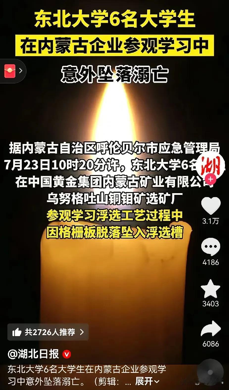 东北大学6名大学生在内蒙一矿业公司参观学习浮选工艺时，因设备脱落，掉入浮选槽死亡