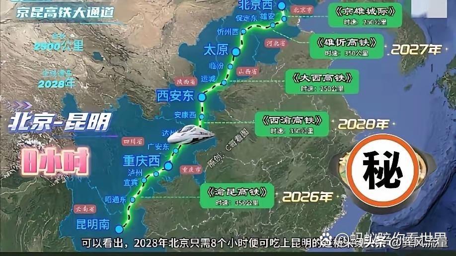 2028年京昆高铁全线建成，这旅游计划必须安排上！这条高铁正线全长1355公里，