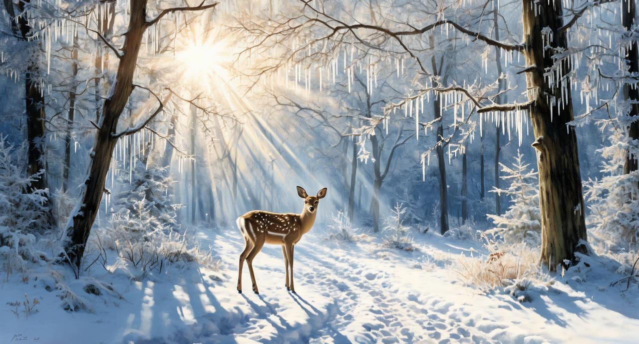 冬日生活打卡季这幅图描绘了一个冬日森林的景象。画面中有一只鹿站在被白雪覆盖的林间