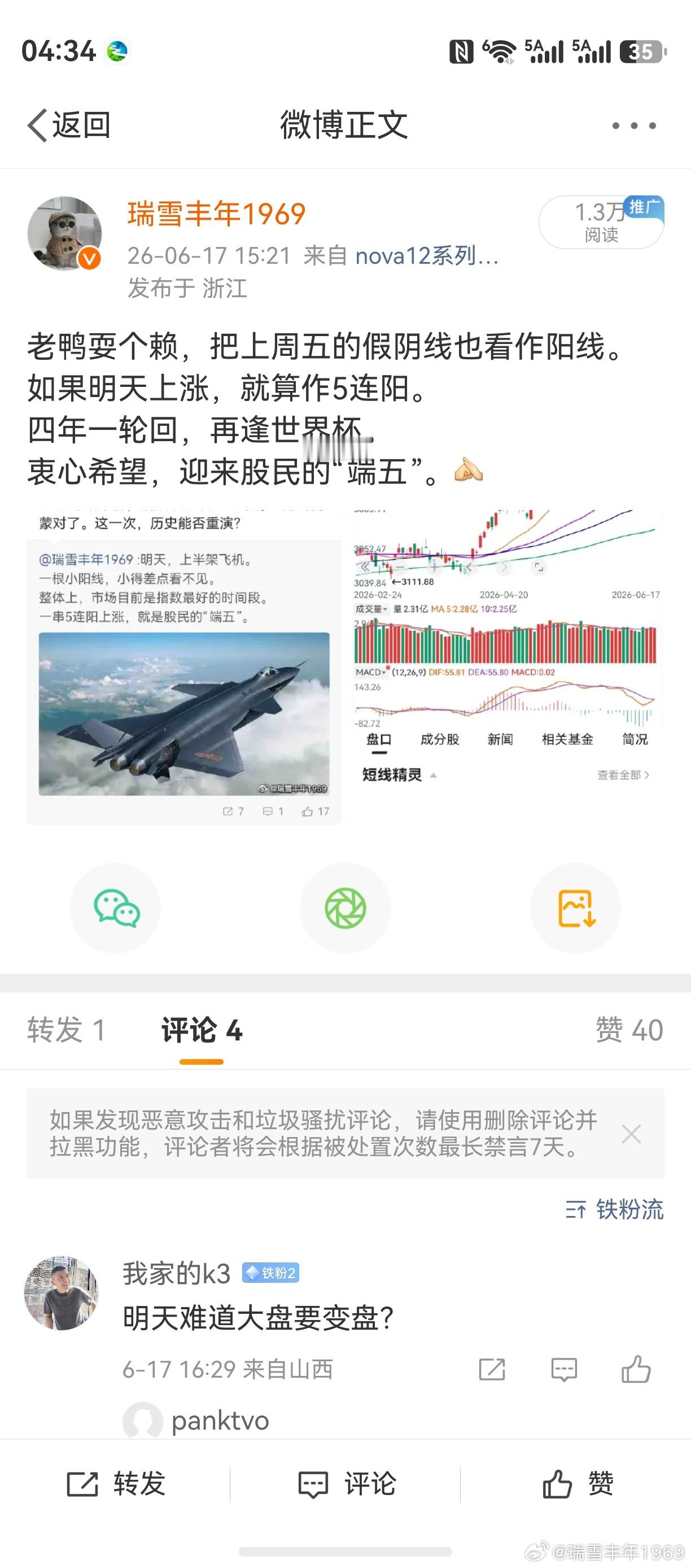 对之前的4条微博，先作个回顾。创业板再创新高也好，端午前是个5连阳也好，算是都蒙