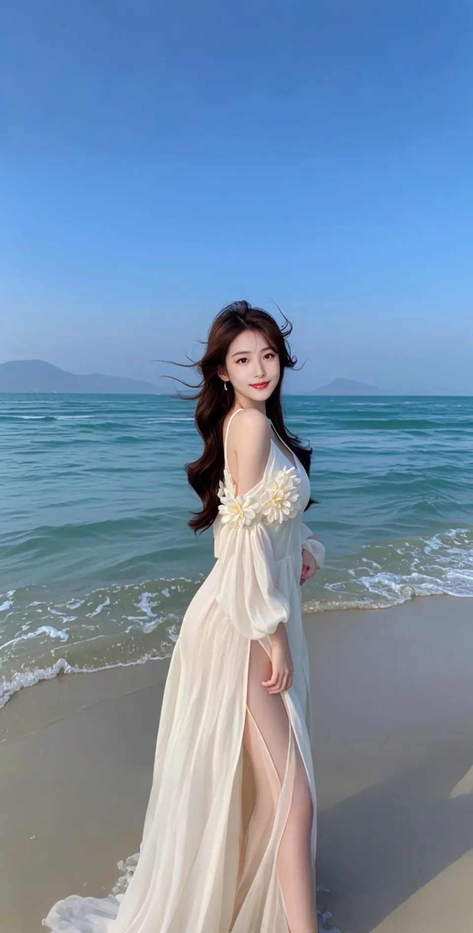 AI扩图 AI海边白纱少女