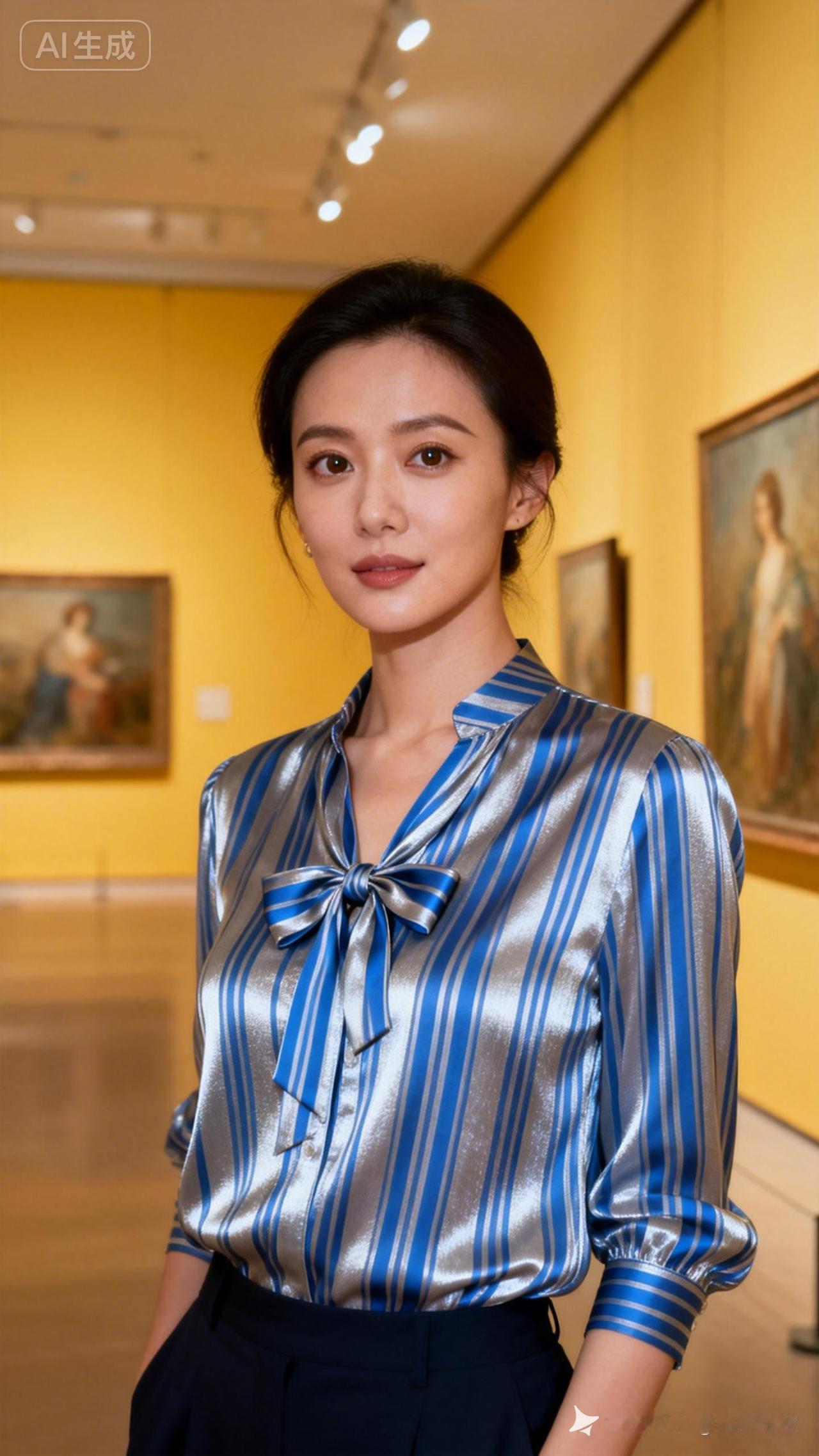 优雅艺术馆穿搭，蓝白条纹衬衫，尽显时尚气息！