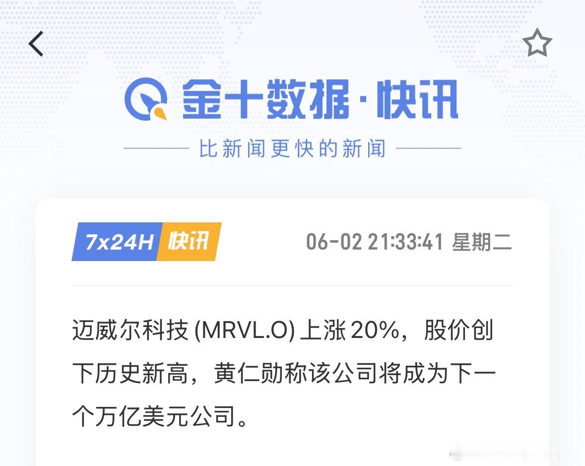黄仁勋预测下一家万亿美元市值公司黄仁勋也是牛，预测了一下迈威尔科技直接飙涨。美股
