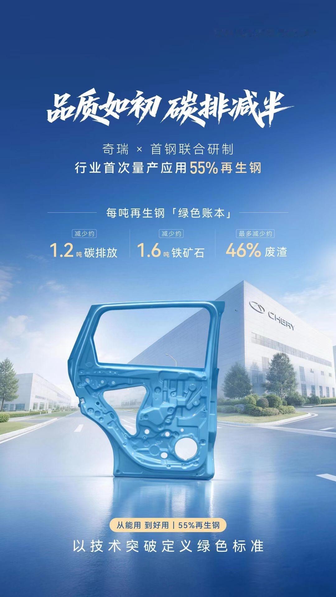 奇瑞汽车 10月13日，以“首瑞同行 绿动未来”为主题的55%再生钢汽车零部件首