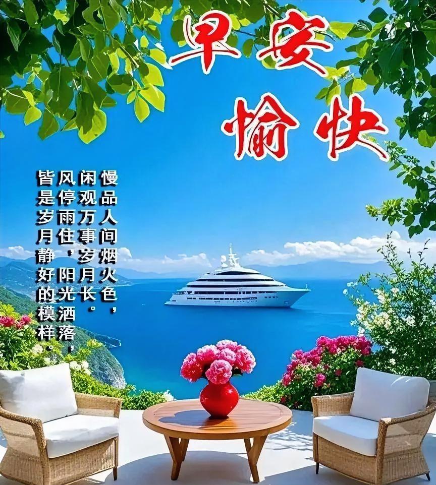 早安愉快！海风轻拂，花香满溢，静坐观景，岁月如歌，慢享此刻美好时光。