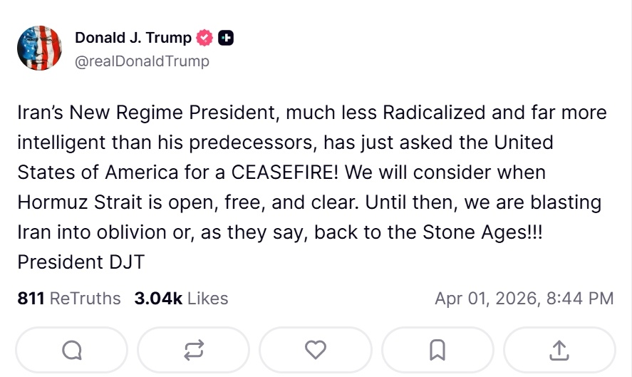 特朗普称伊朗“新政权”总统请求停火——特朗普在其社交媒体发文，称：“伊朗新政权总