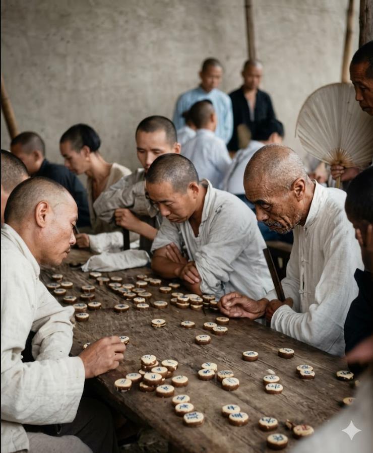 旧时北京民间象棋对局室
一众光头老者围坐在长条木案旁，桌上摆满圆瓷面象棋棋子，棋
