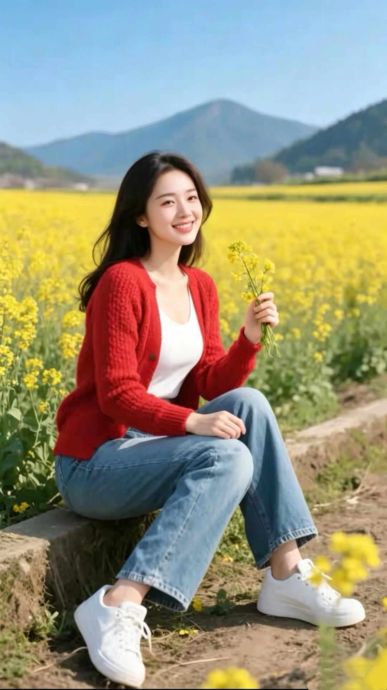 笑靥如花
金浪随风漫野斜，
佳人凝睇沐晴霞。
拈花笑靥春同醉，
揽鬓柔姿影自嘉。