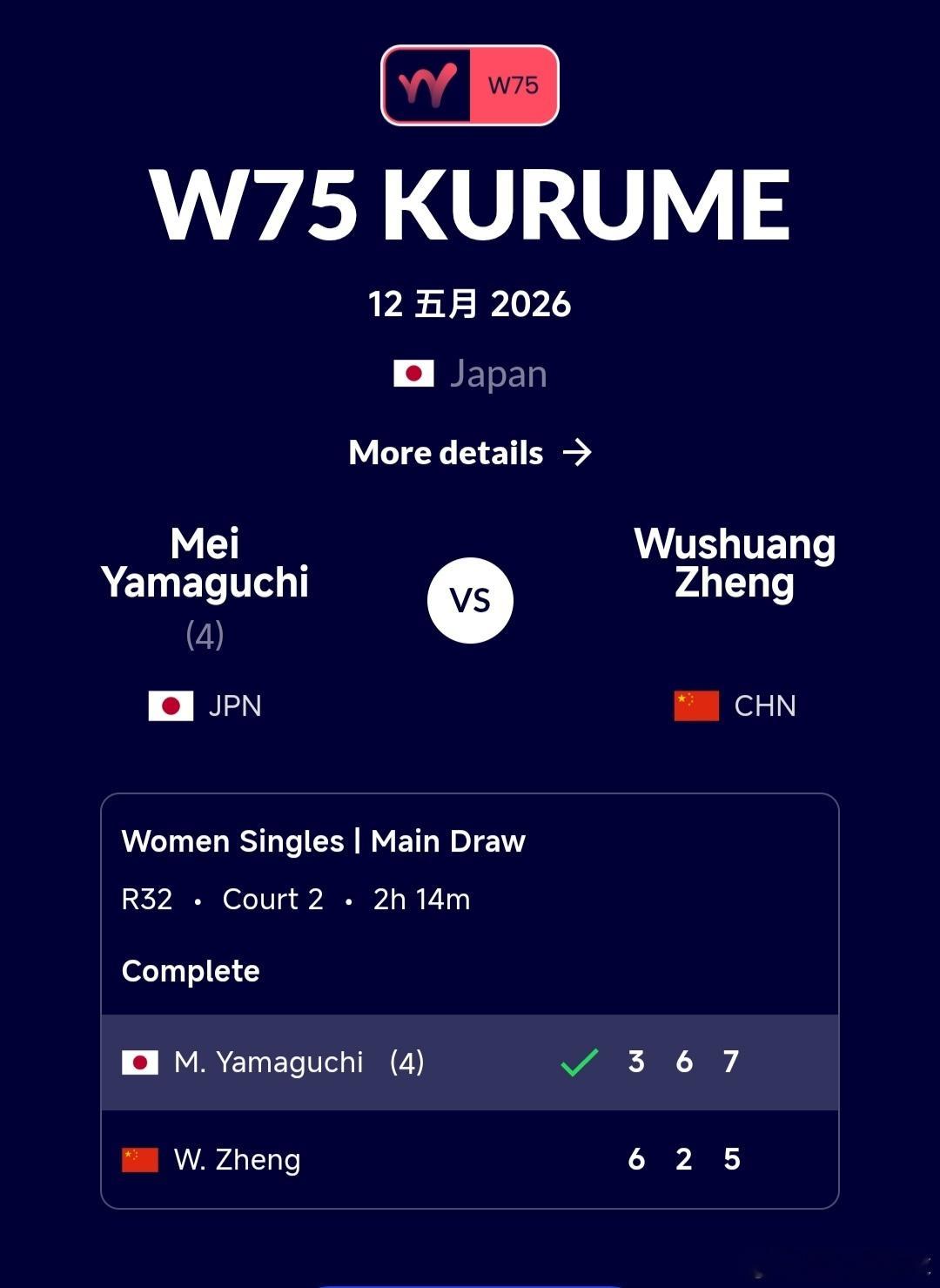 W75久留米站🇯🇵女单第1轮郑妩双🇨🇳6-3/2-6/5-7不敌4号种子