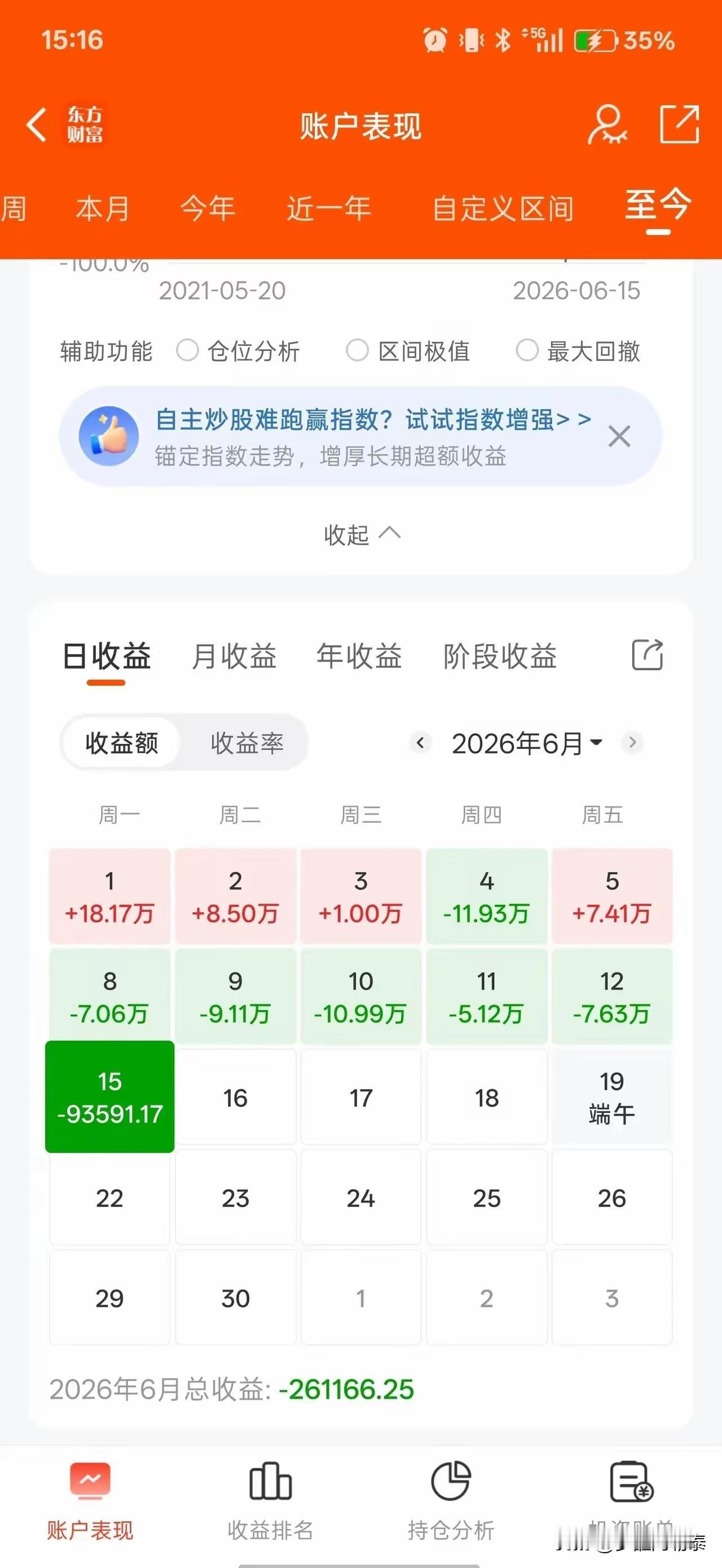 刷到这张账户收益图，隔着屏幕都能感受到大哥的窒息感。
 
2021年入市，整整5