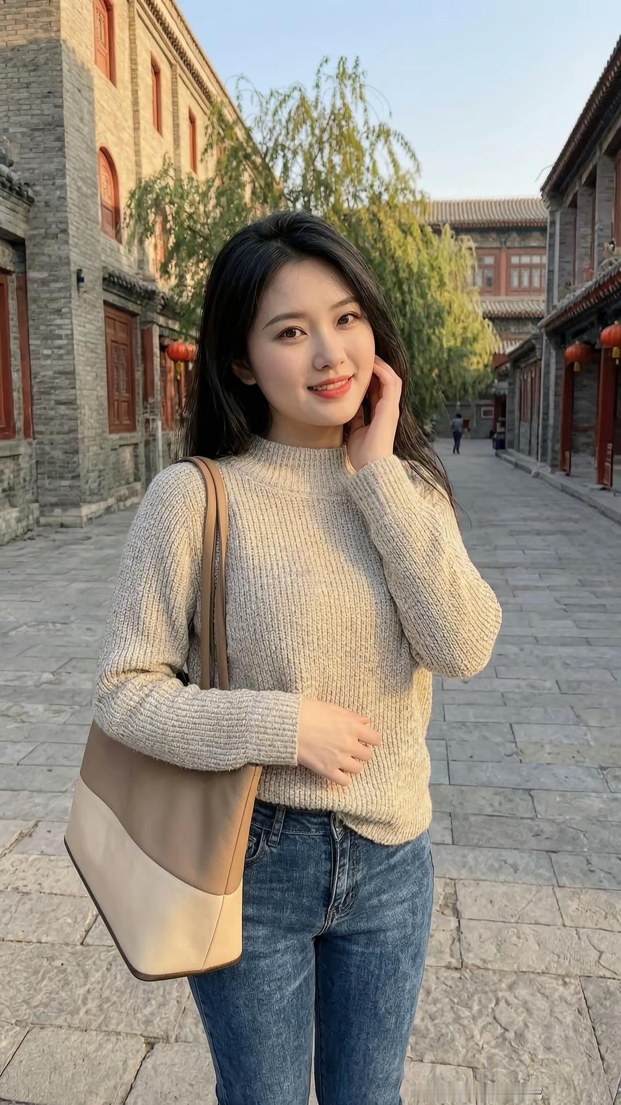 元气少女在古街漫步，暖阳下的甜美笑容
