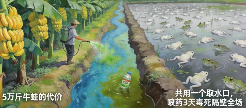 香蕉地喷药三天，隔壁五万斤牛蛙一夜翻肚，法院判了
一根并排的水管，三天寻常的喷药