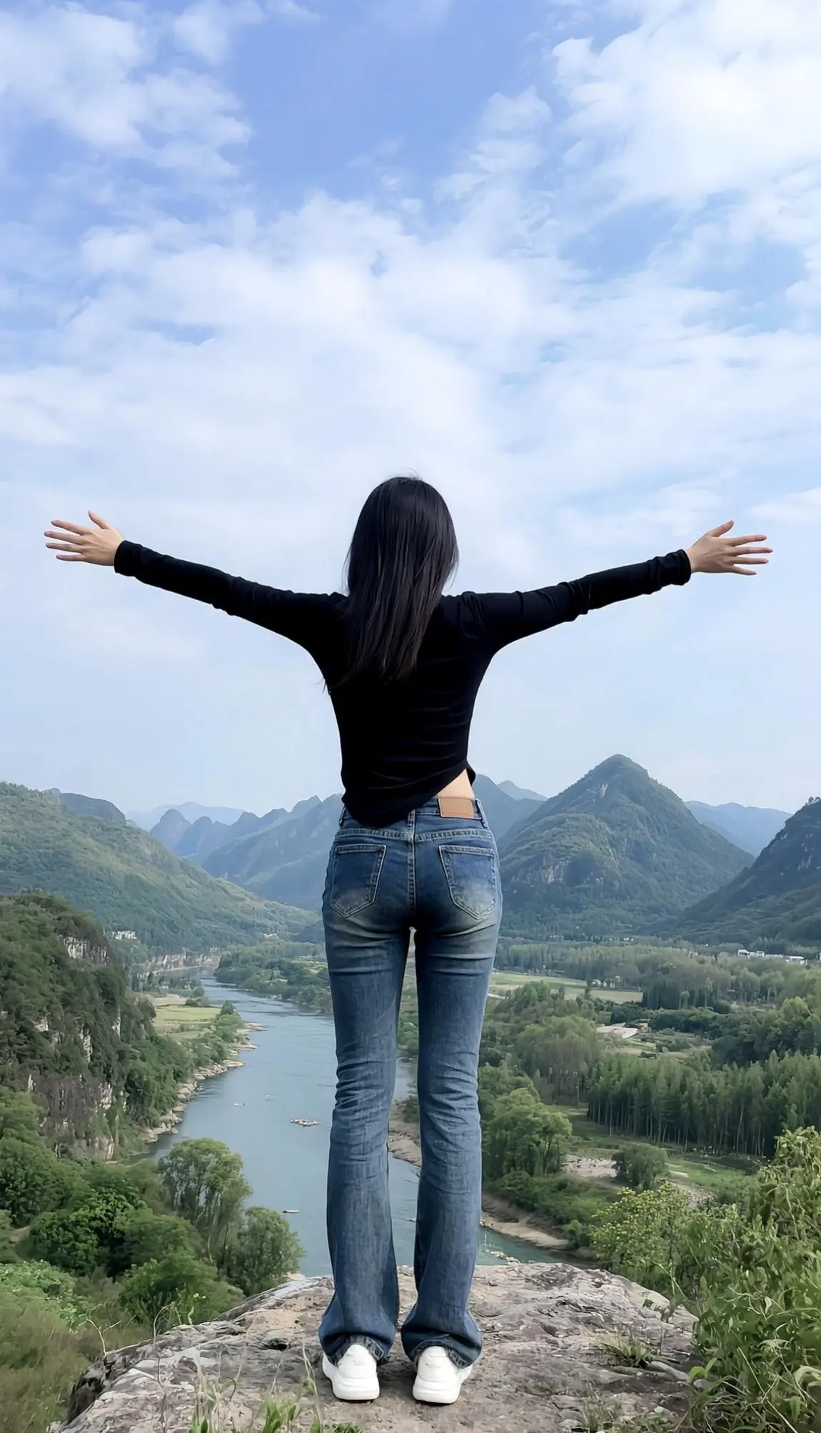 穿搭紧身牛仔裤牛仔裤AI山水风情照 随变ai随便玩