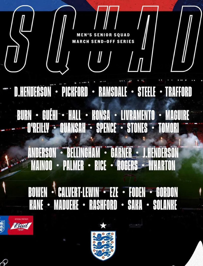 英格蘭代表隊最新名單🧾🏴󠁧󠁢󠁥󠁮󠁧󠁿教練杜曹選擇咗35個球員，佢
