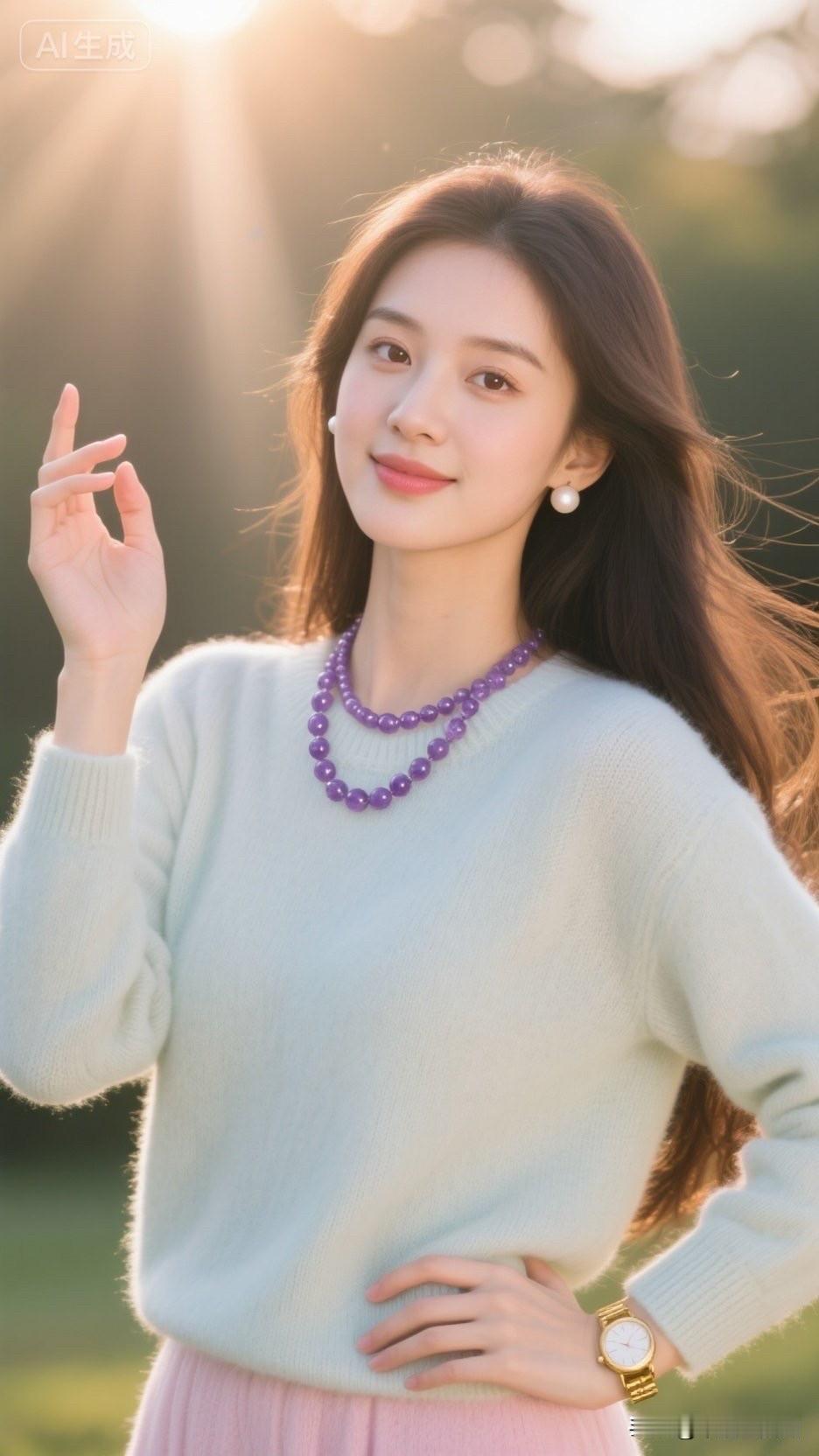 元气少女在夕阳下微笑，温柔时光定格