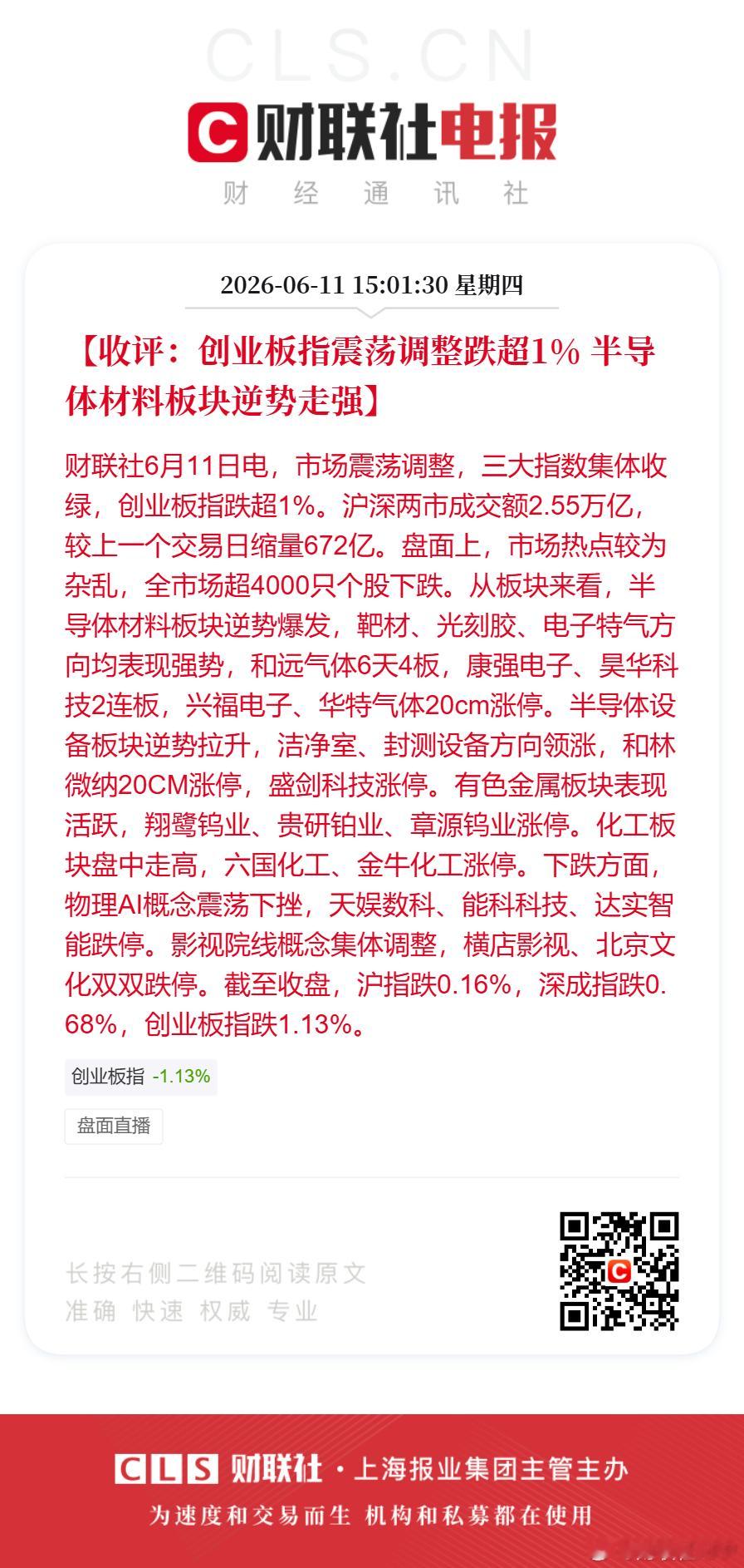 创业板指调整跌超1%【收评：创业板指震荡调整跌超1% 半导体材料板块逆势走强】财