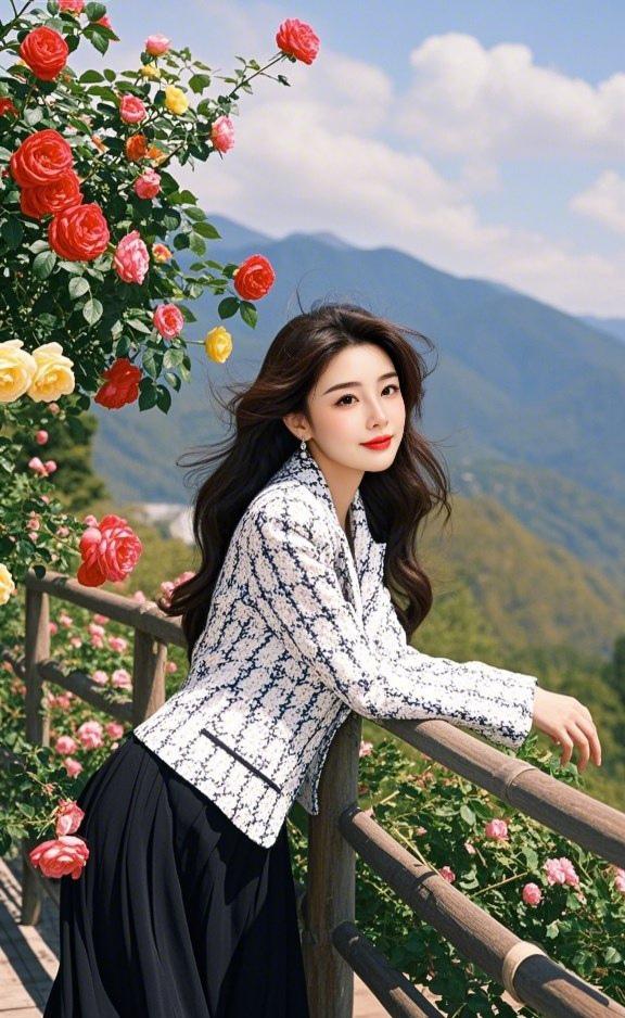 上联：繁花映靥香盈袖
下联：远岫含情翠满栏