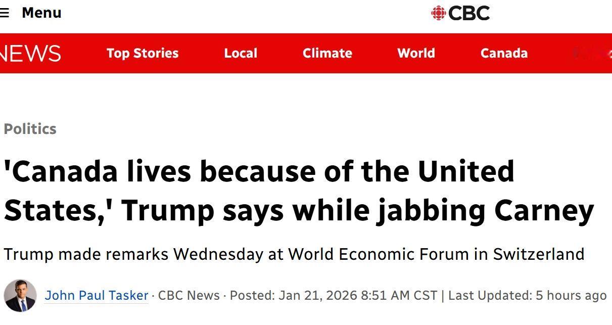 特朗普在达沃斯论坛批评加拿大总理卡尼：“加拿大之所以能活着，是因为美国”

在加
