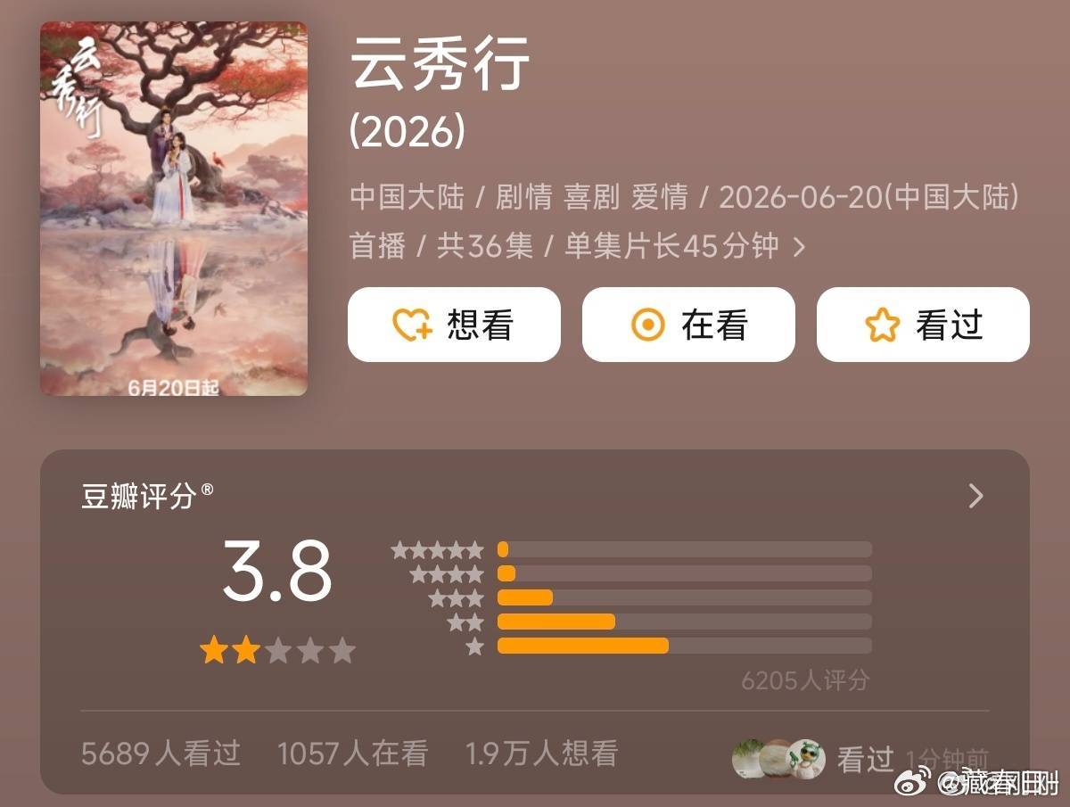 李一桐、曾舜晞、邓为《云秀行》豆瓣开分3.8我嘞个豆好久没见过这么低的了 上一次