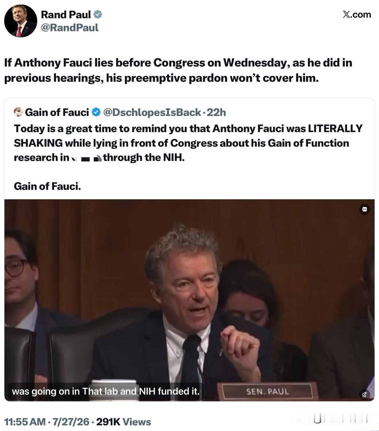 倘若安东尼·福奇周三在国会听证会上再次撒谎（此前听证会他已有过不实陈述），预先赦