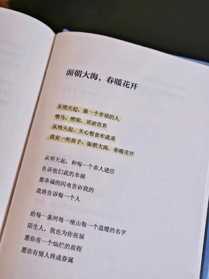 从明天起，做一个幸福的人  喂马，劈柴，周游世界  从明天起，关心粮食和蔬菜  