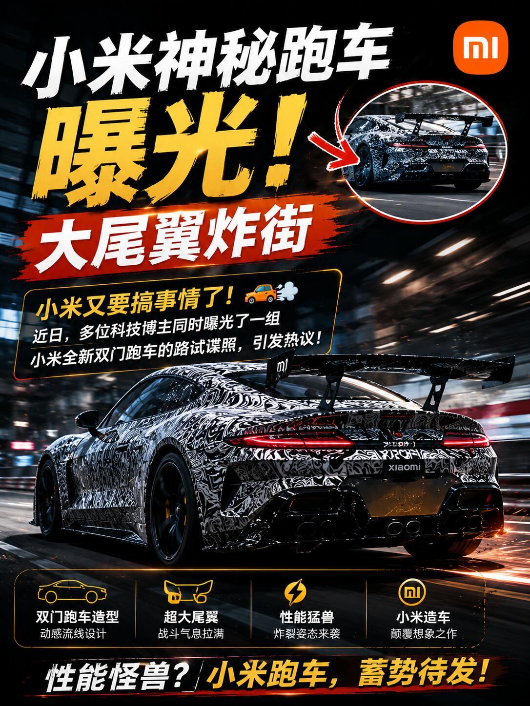 万万没想到小米还要出跑车！谍照里那个超大尾翼一眼吸睛，双门轿跑造型氛围感直接拉满