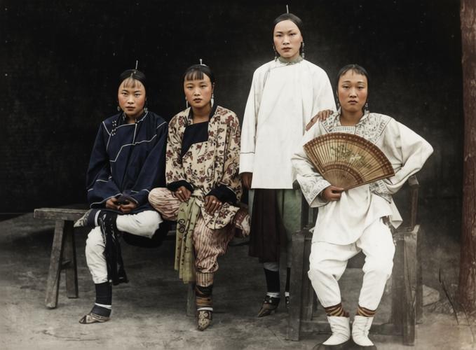 这张照片里的四位晚清女子，并非大家闺秀，而是当时风月场中的青楼女子。四人穿着风格