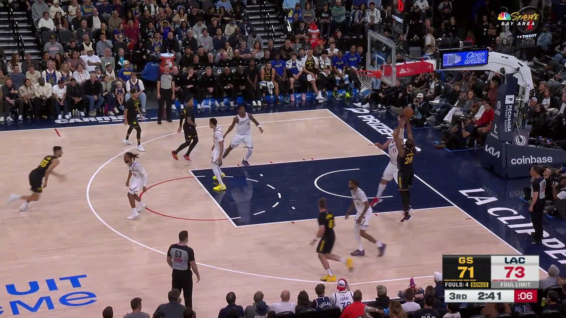 巴锡连进4分！勇士76:75快船。勇士vs快船