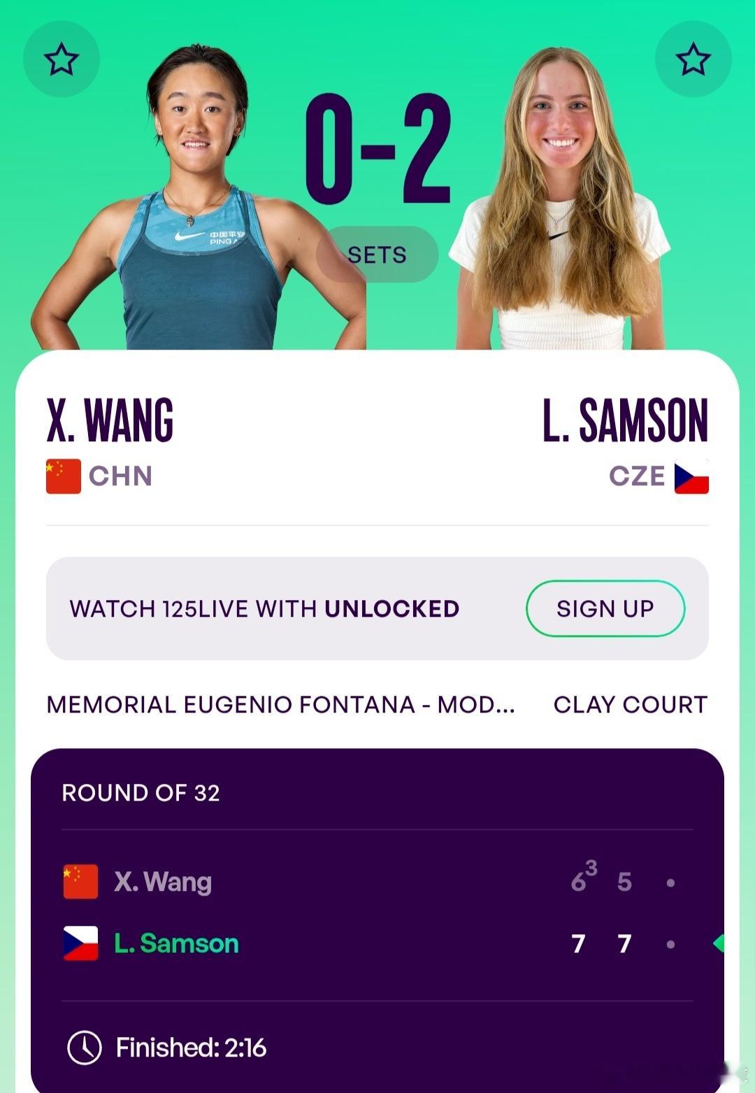 WTA125摩德纳站🇮🇹女单第1轮王曦雨🇨🇳6-7(3)/5-7不敌萨姆