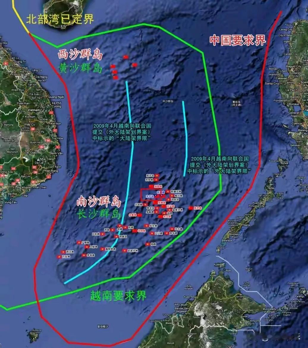 看看吧，越南的野心，绿色是越南要求的南海界线，把整个南海都划在越南版图内！南海自