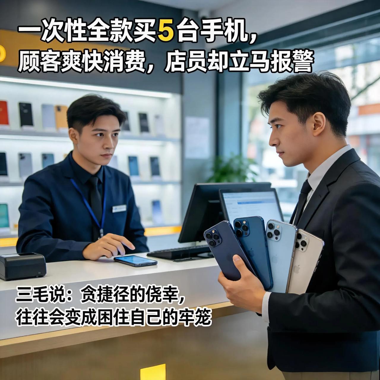 一次性全款买5台手机，顾客爽快消费，店员却立马报警
 
做手机生意的工友讲了件怪