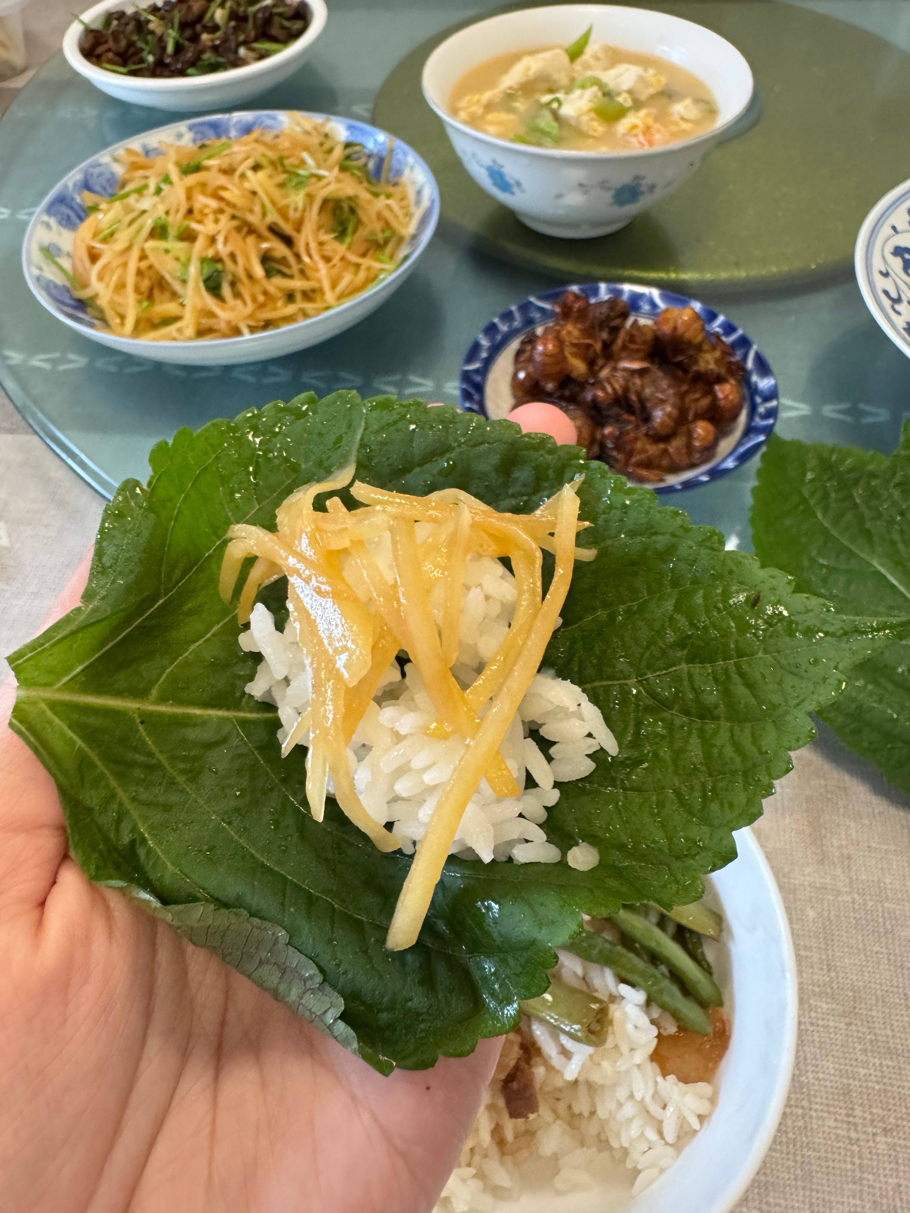 姥姥家门口长了几棵苏子叶，揪来包饭吃。 