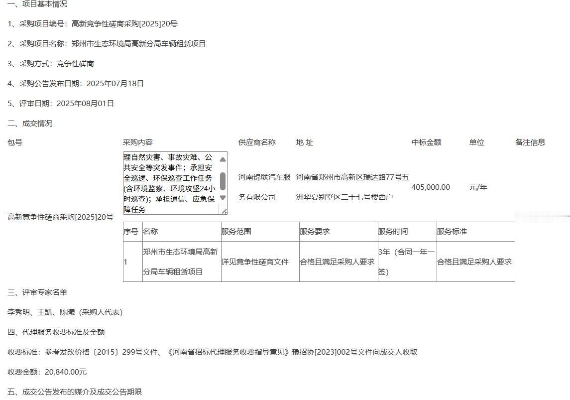 城市观察员郑州市生态环境局高新分局40.5万元/年，服务期3年，共租赁9辆用车，