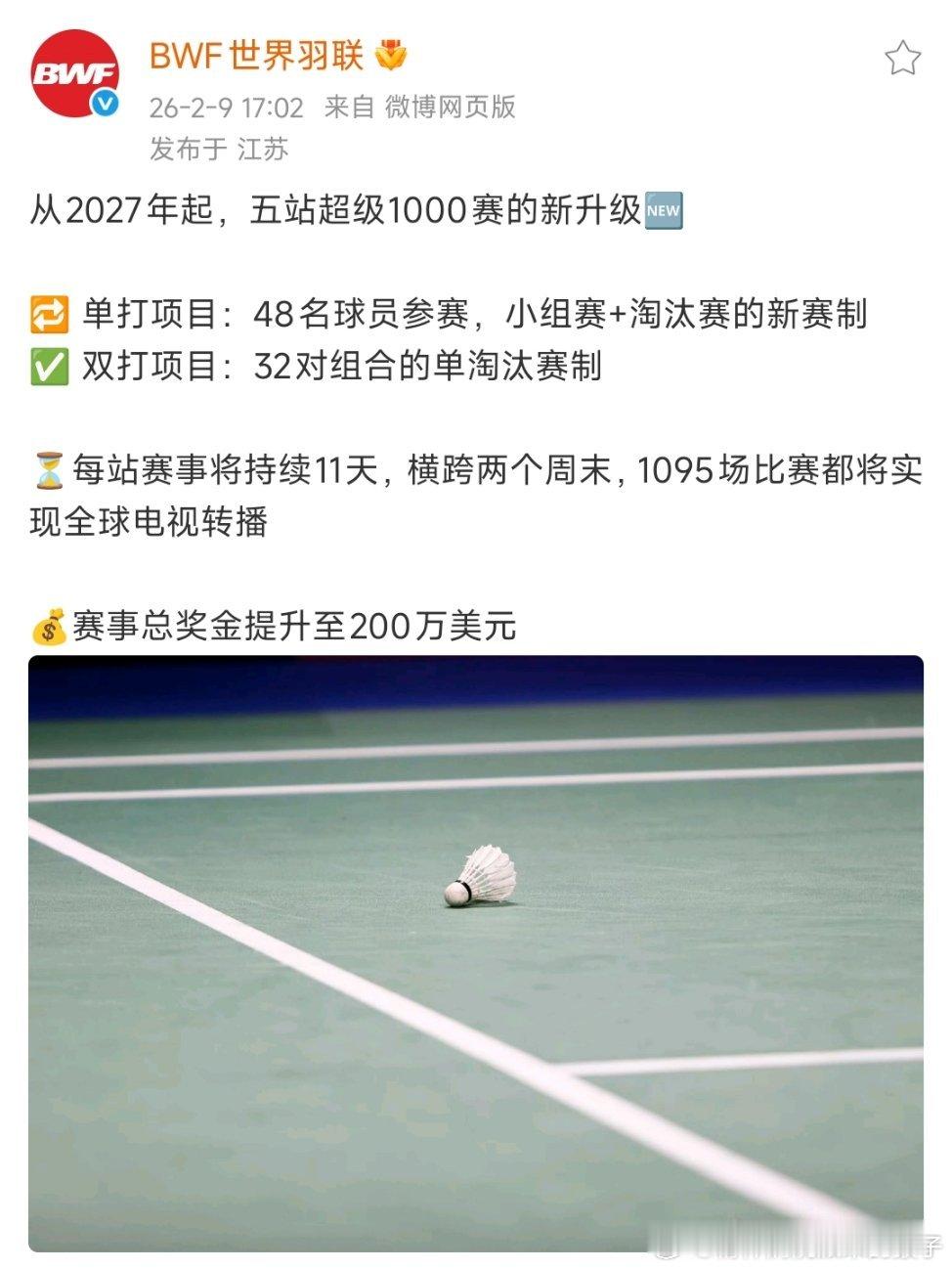 世界羽联从2027年起，五站超级1000赛的新赛制：🔁 单打项目：48名球员参