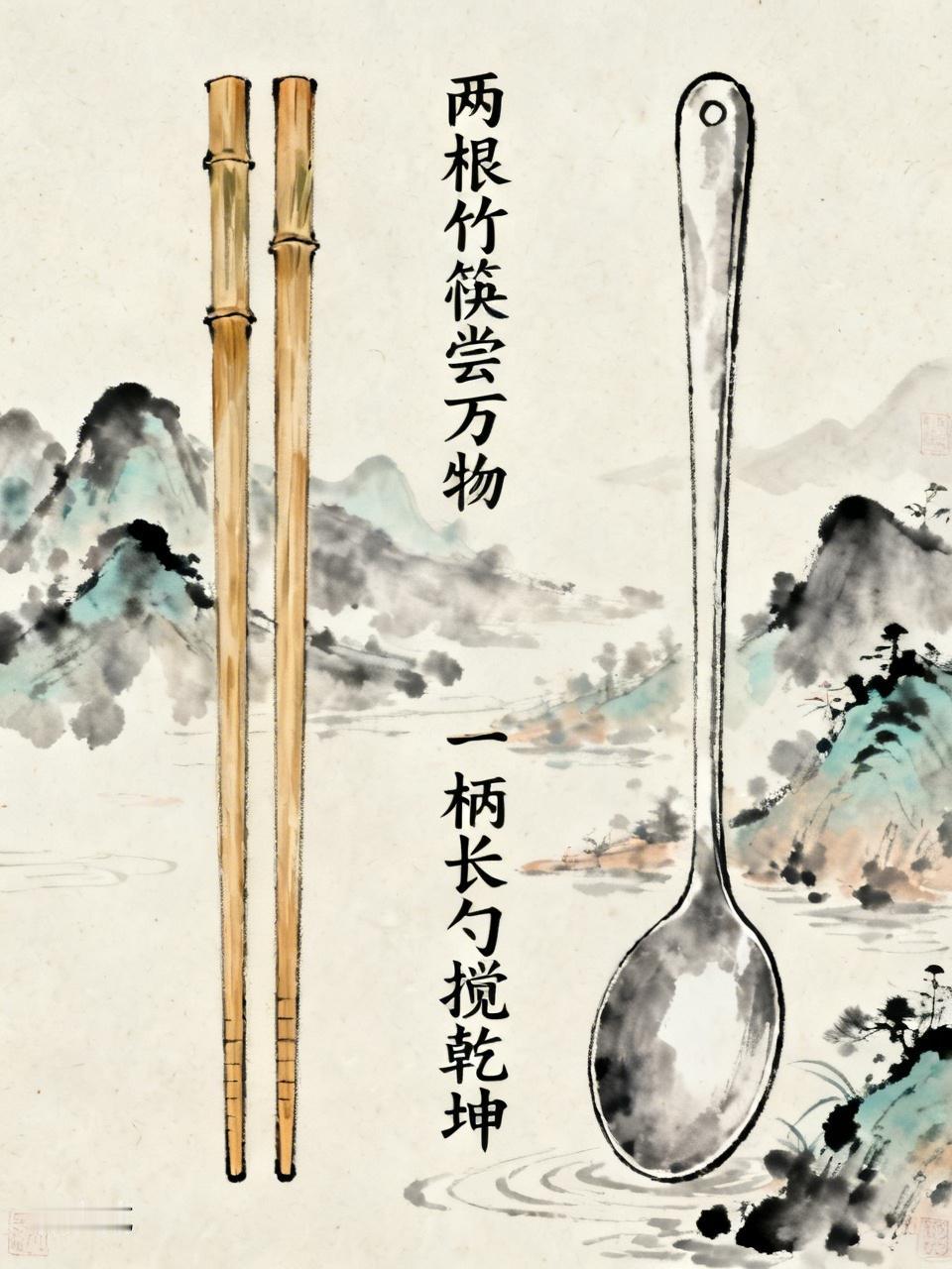 这副对联上联描绘了竹筷尝遍世间万物的情景，下联“一柄长勺搅乾坤”气势恢宏，展现出