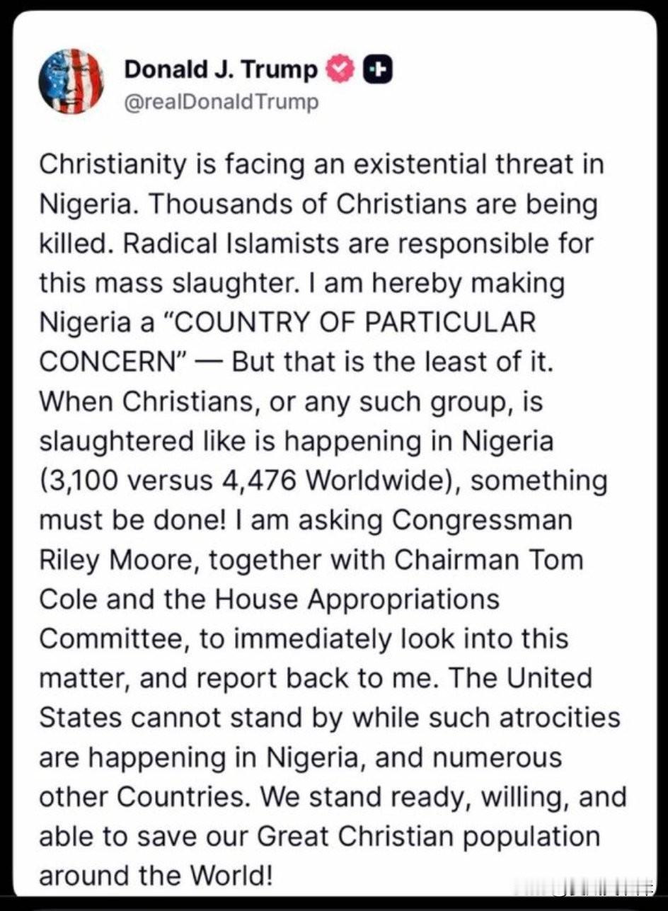 川普发文称要拯救基督徒群体，不会任由杀害基督徒的事件再次发生。
“基督教在尼日利