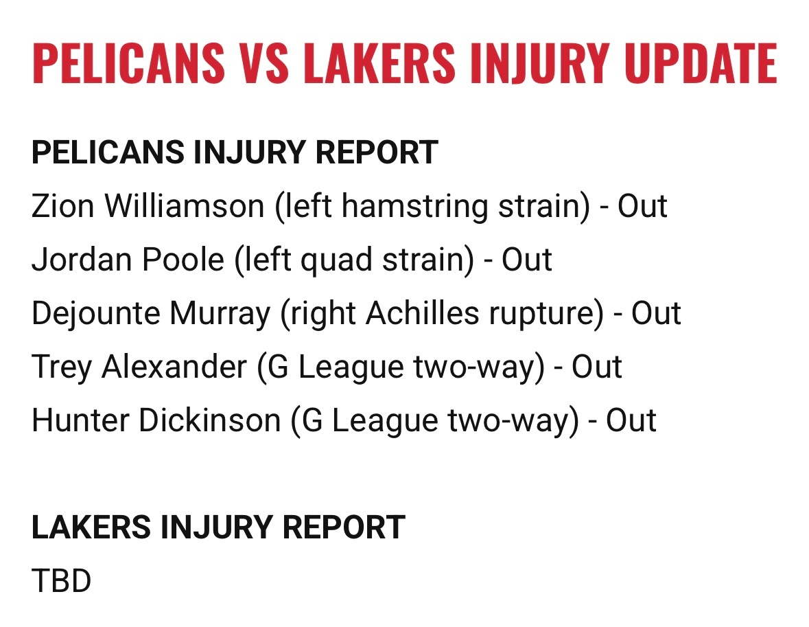 鹈鹕队伤病报告：锡安-威廉姆森（左腘绳肌拉伤）—缺席比赛乔丹-普尔（左股四头肌拉