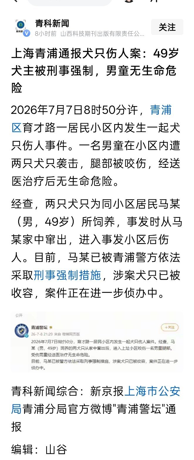 上海青浦通报犬只伤人案：49岁犬主被刑事强制，男童无生命危险 